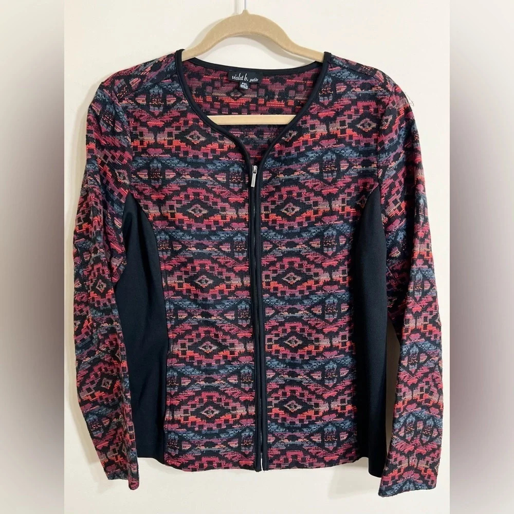 VIOLET B PETITE Long Sleeve Full Zip Aztec Embroidered‎ Geometric Sweater PXL